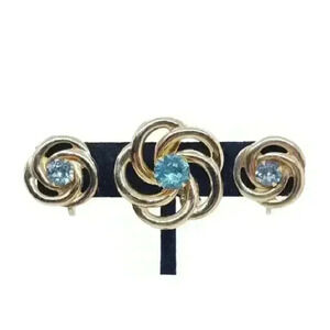 Vintage Gold Brooch Earrings MCM Swirl & Blue Topaz Rhinestone Sar Coventry Set